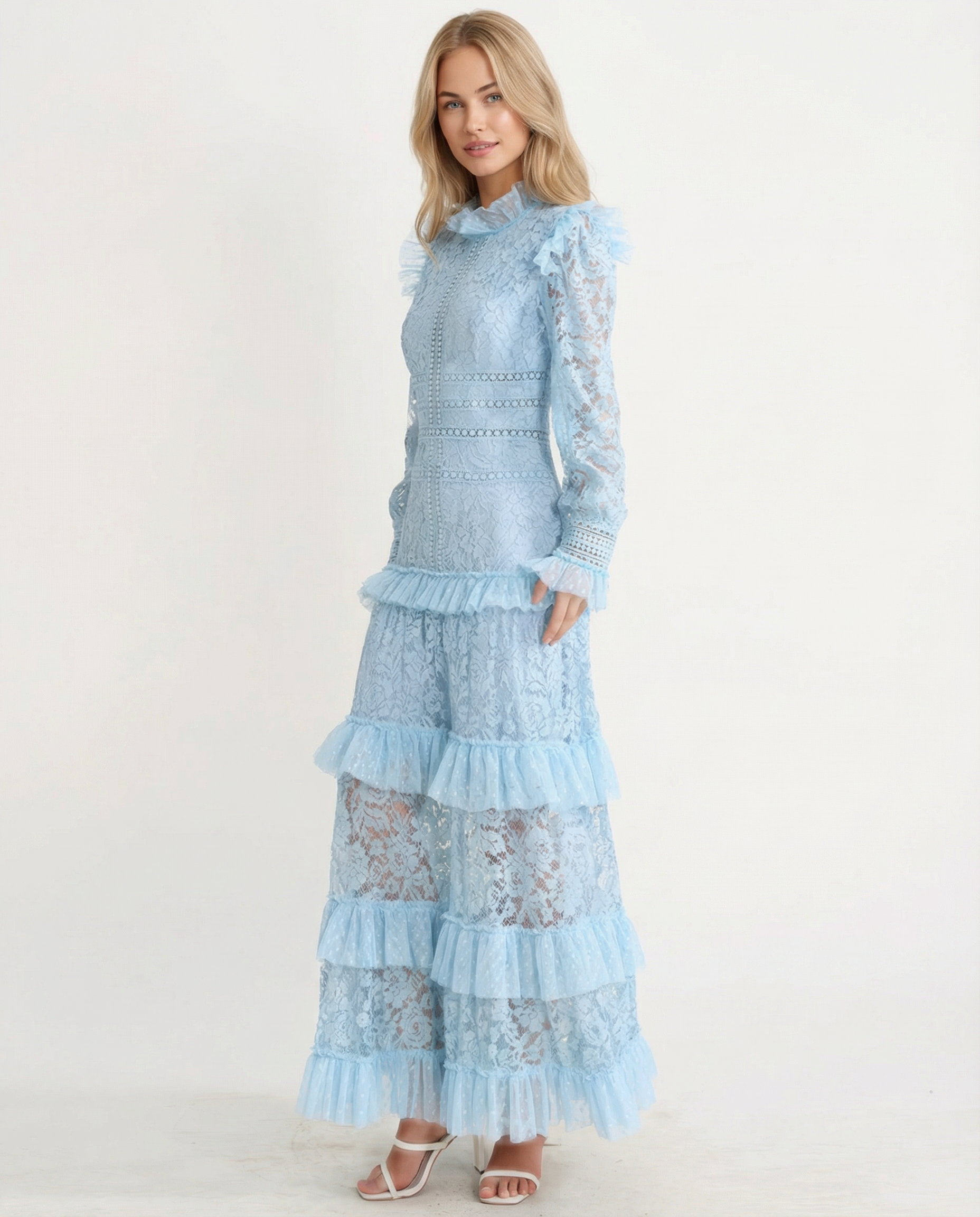 Rebekah | Lace Maxi Dress with Long Sleeves and Tiered Ruffles