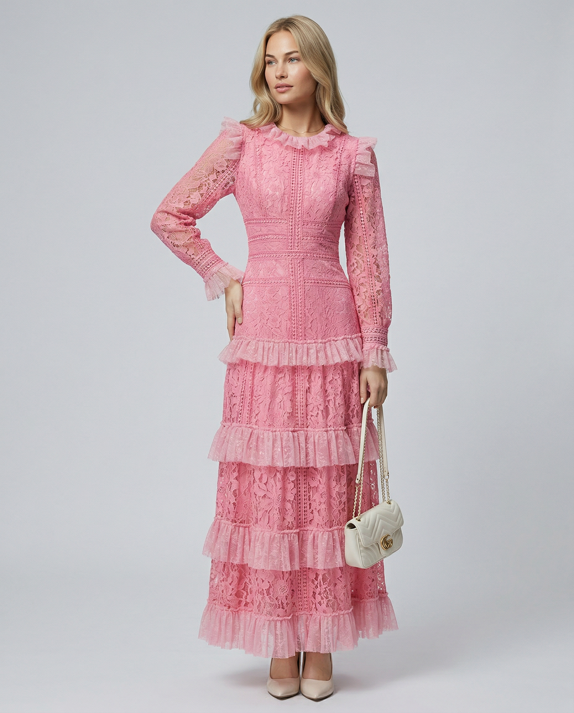 Rebekah | Lace Maxi Dress with Long Sleeves and Tiered Ruffles