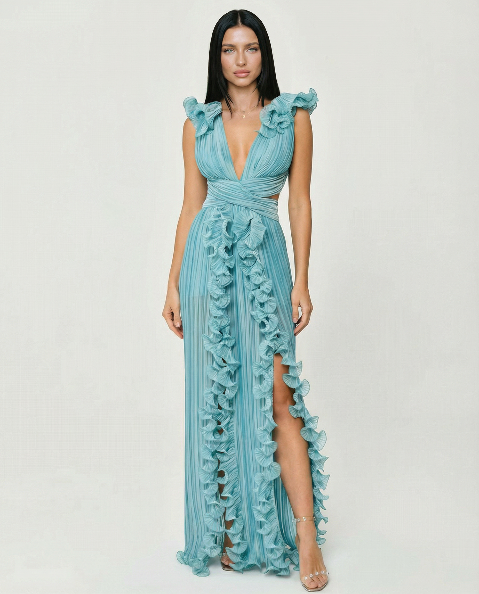 Taylor | Pleated V-Neck Maxi Dress with Cut-Out and Front Split