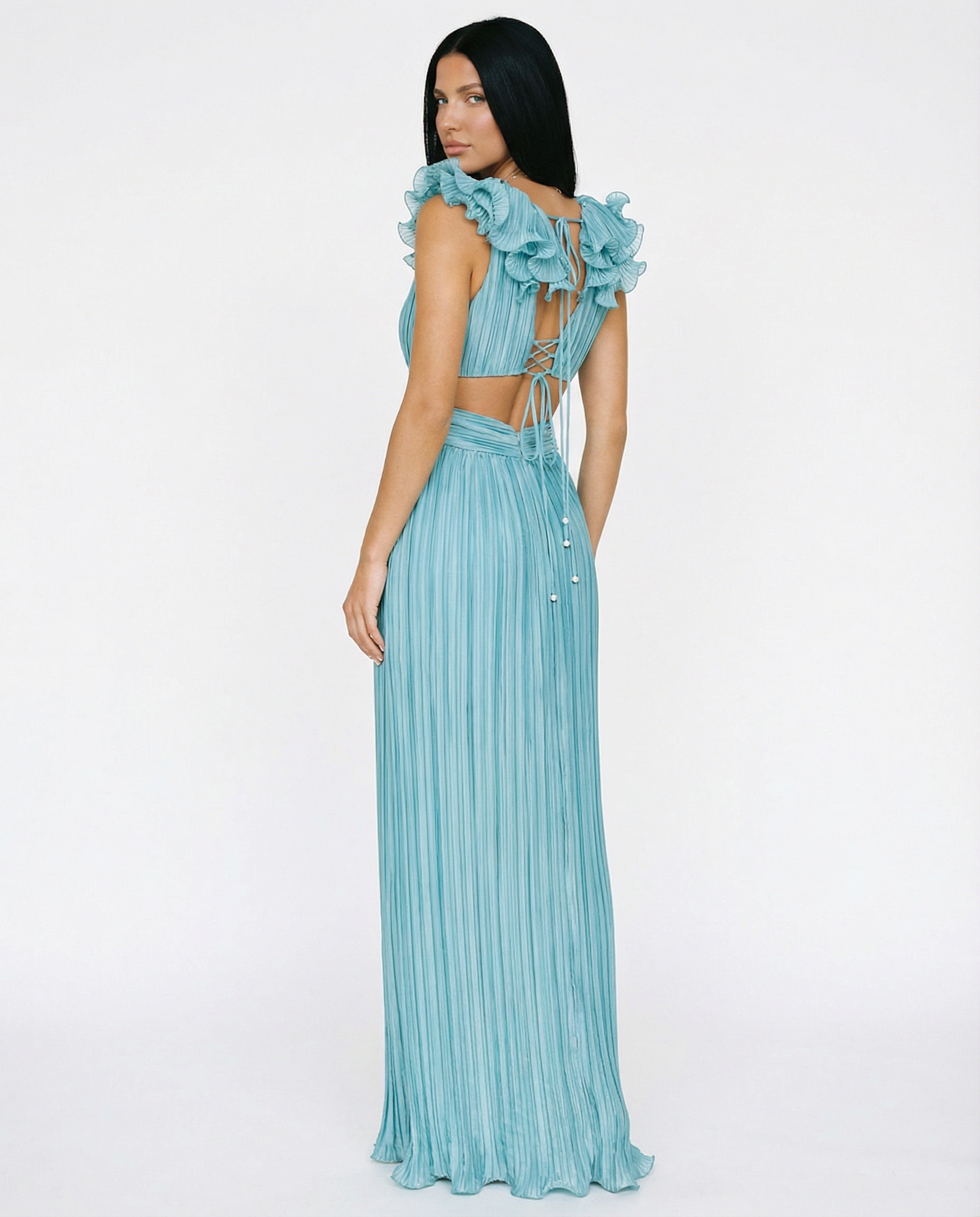 Taylor | Pleated V-Neck Maxi Dress with Cut-Out and Front Split