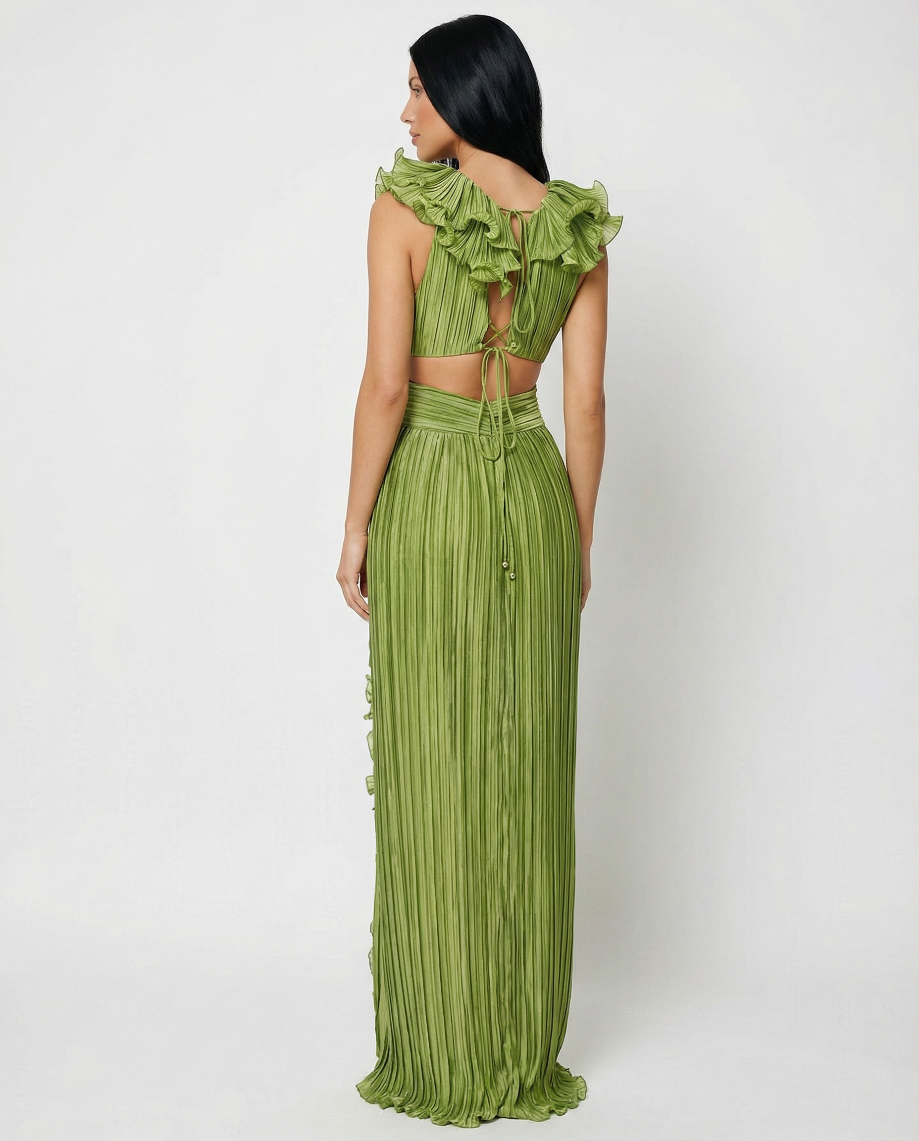 Taylor | Pleated V-Neck Maxi Dress with Cut-Out and Front Split