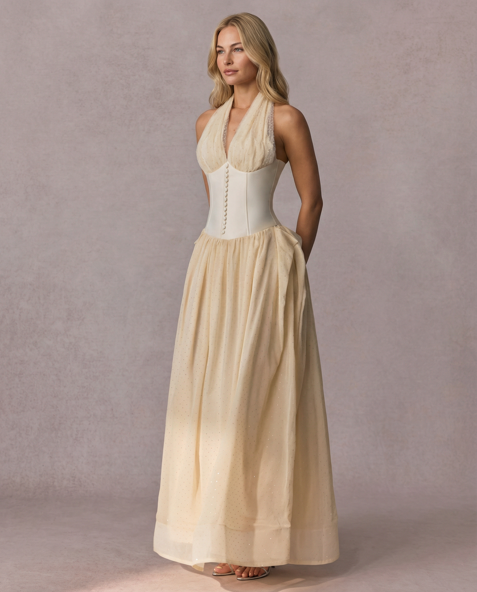 Vivien | Halterneck Maxi Dress with Tulle Overlay