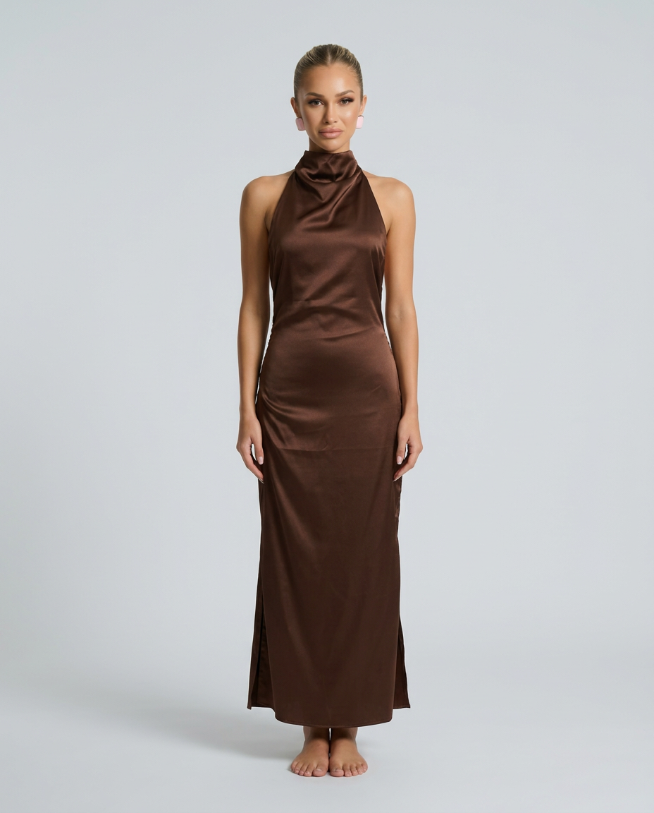 Savannah | One-Shoulder Scarf Detail Satin-Look Maxi Dress