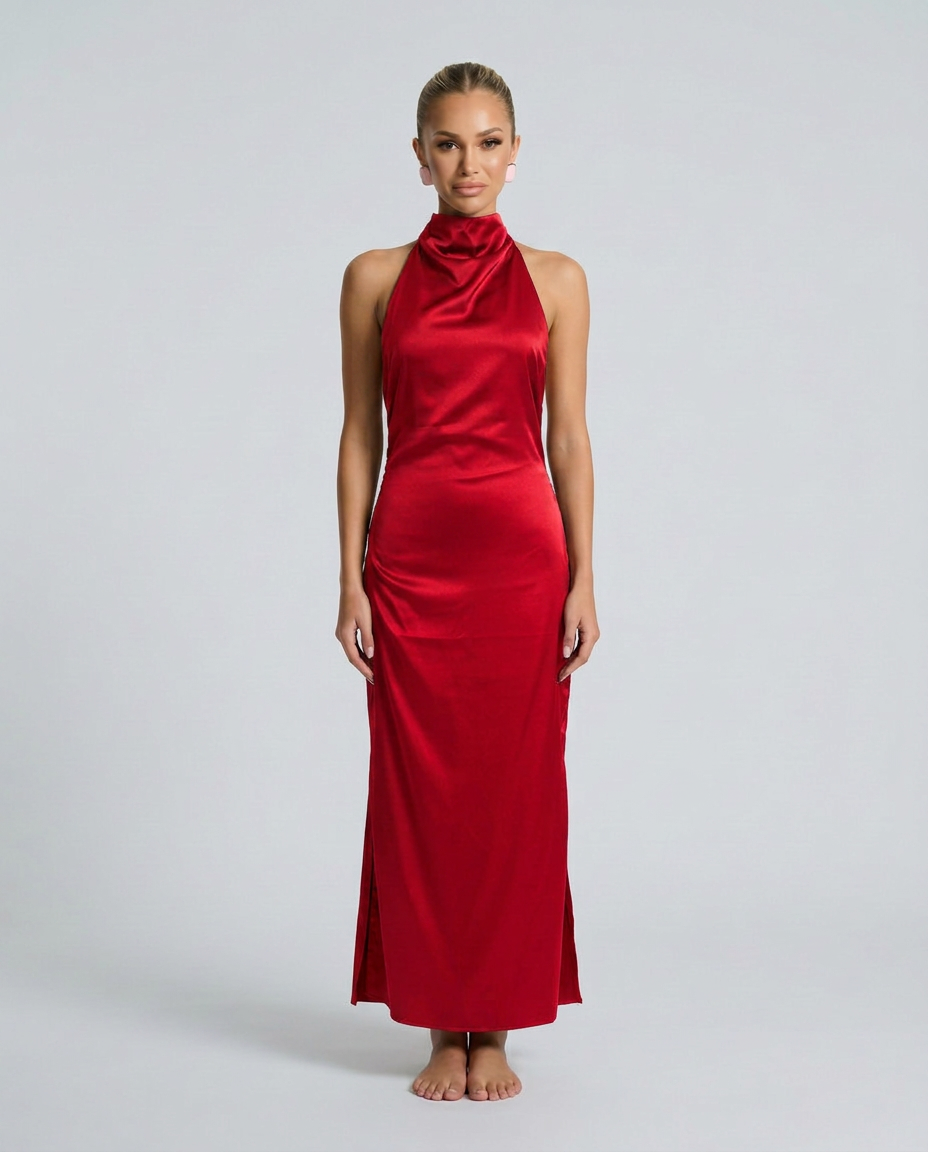 Savannah | One-Shoulder Scarf Detail Satin-Look Maxi Dress