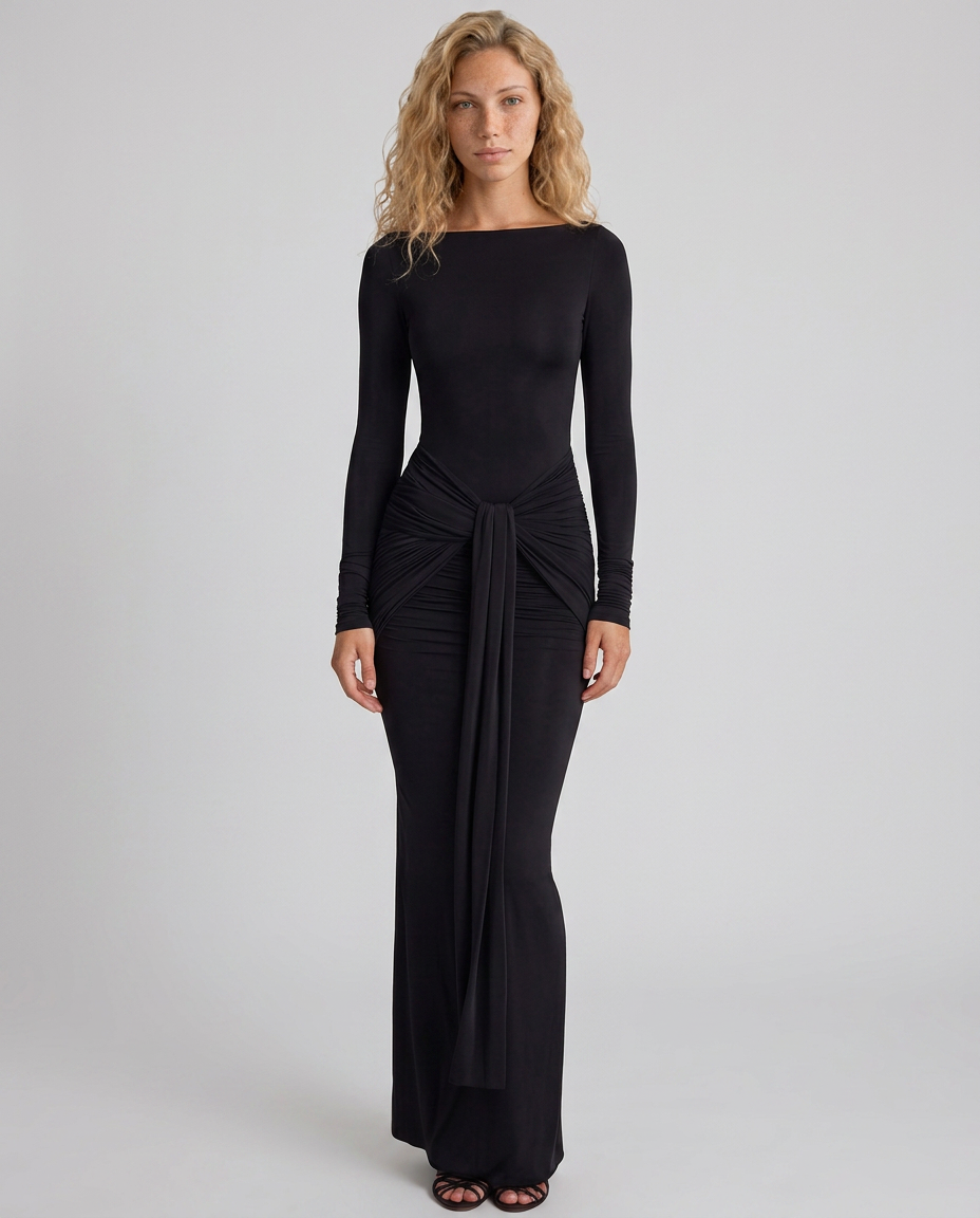 Lily | Boat Neck Ruched Draped Maxi Dress
