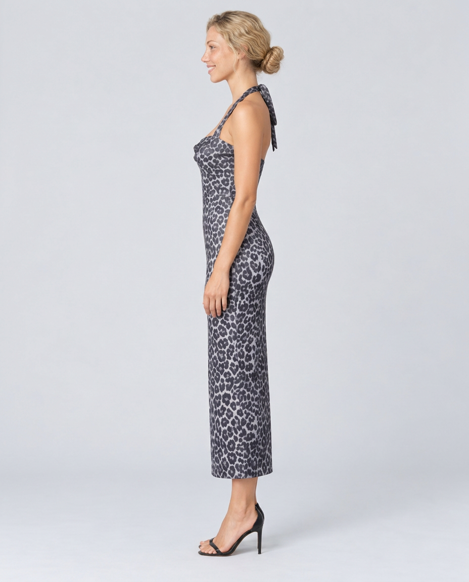 Yara | Halterneck Bodycon Leopard Print Midi Dress