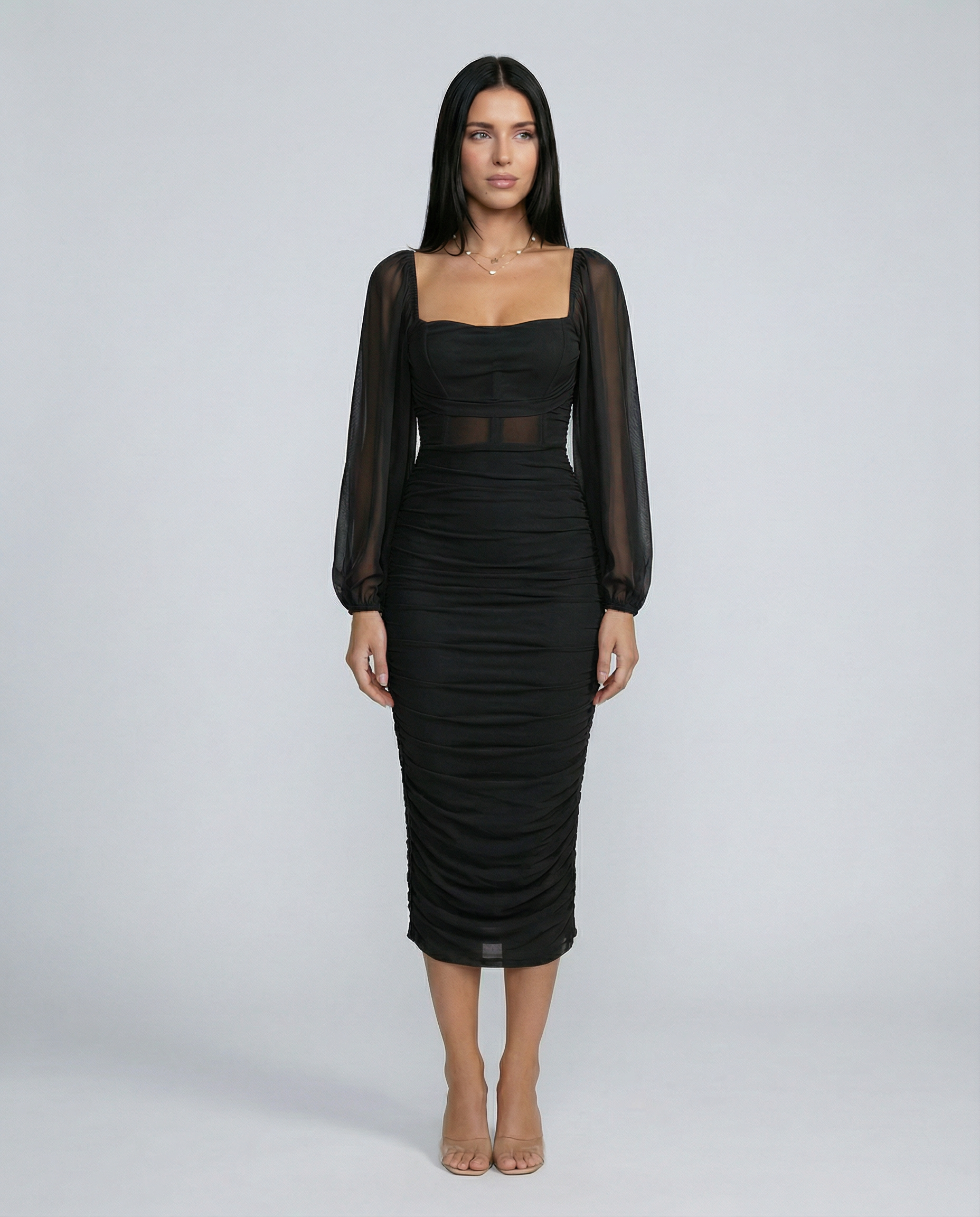 Women's Ruched Midi Dress Sheer Long Sleeve Fitted Debra