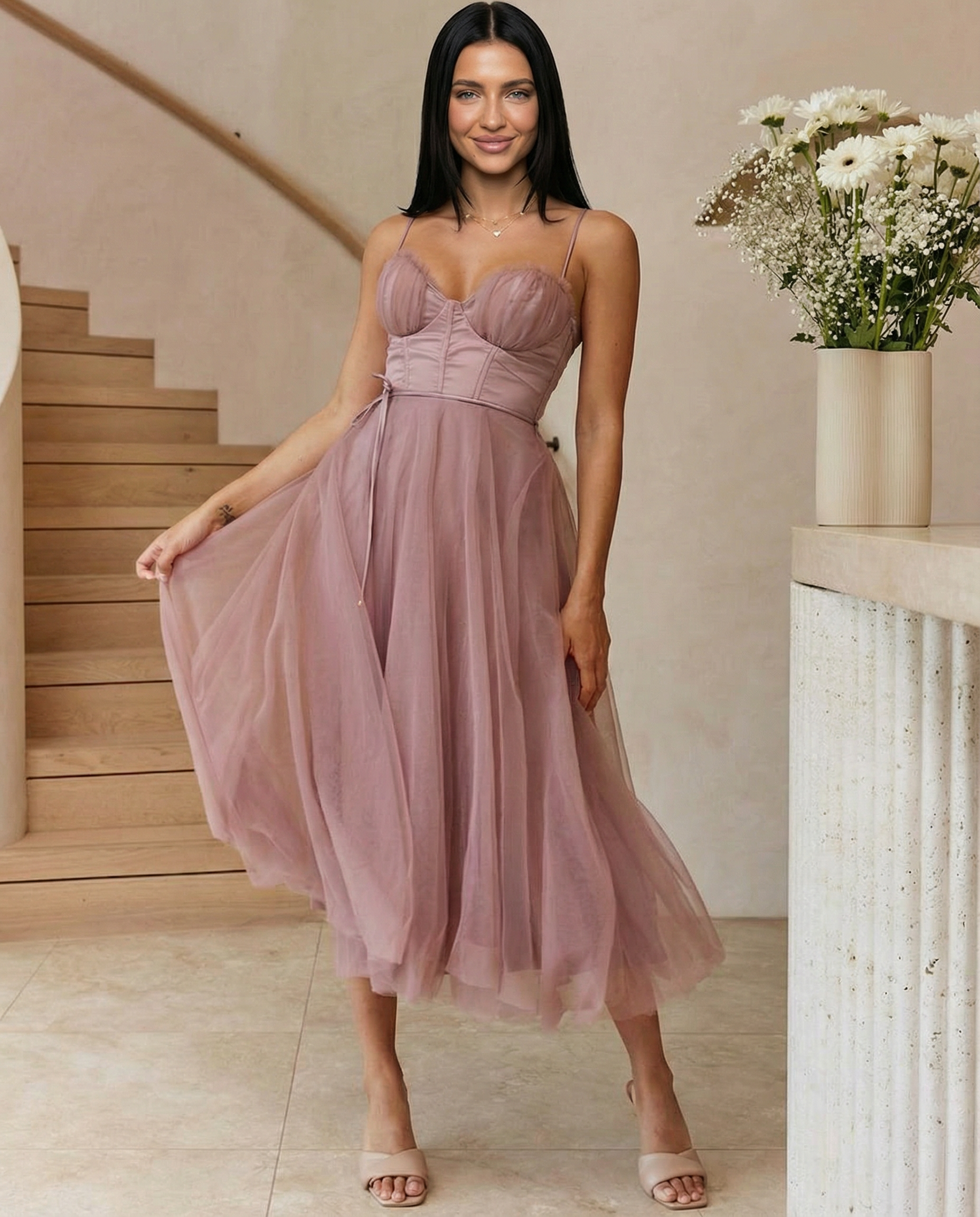 Lourdes | Tulle Midi Dress with Corset Bodice