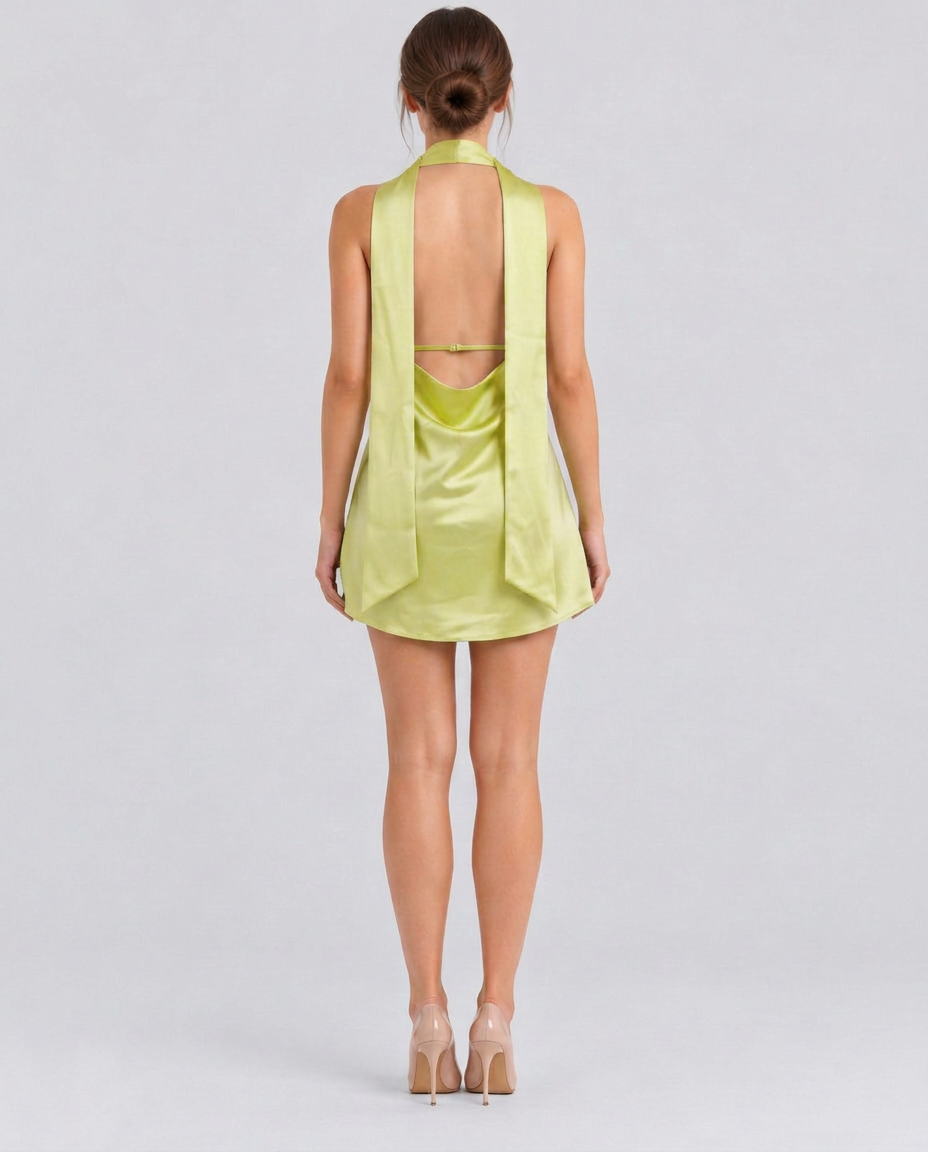 Naia | Plunge Neck Ruched Draped Back Mini Dress