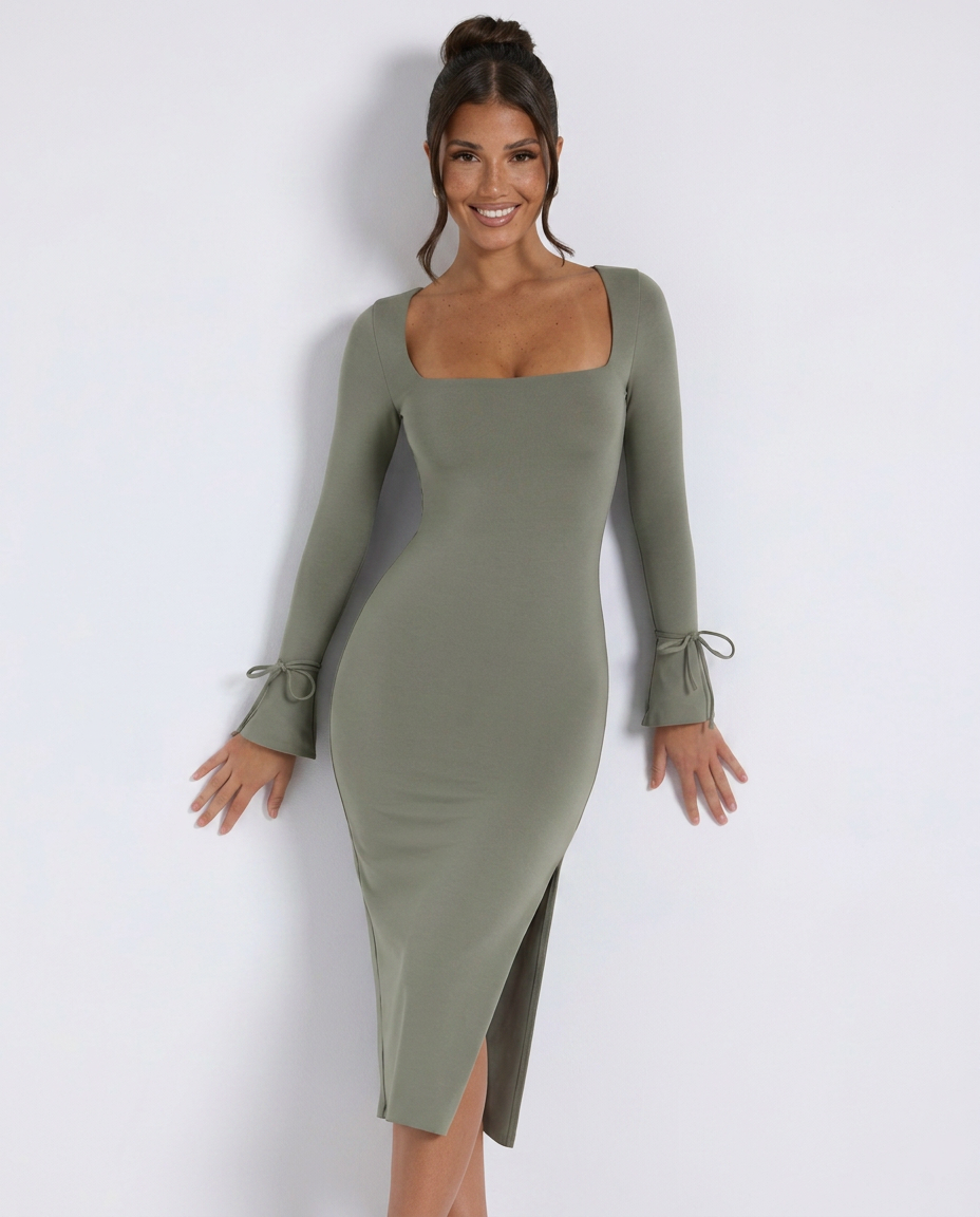 Selene | Square-Neck Split Midi Dress