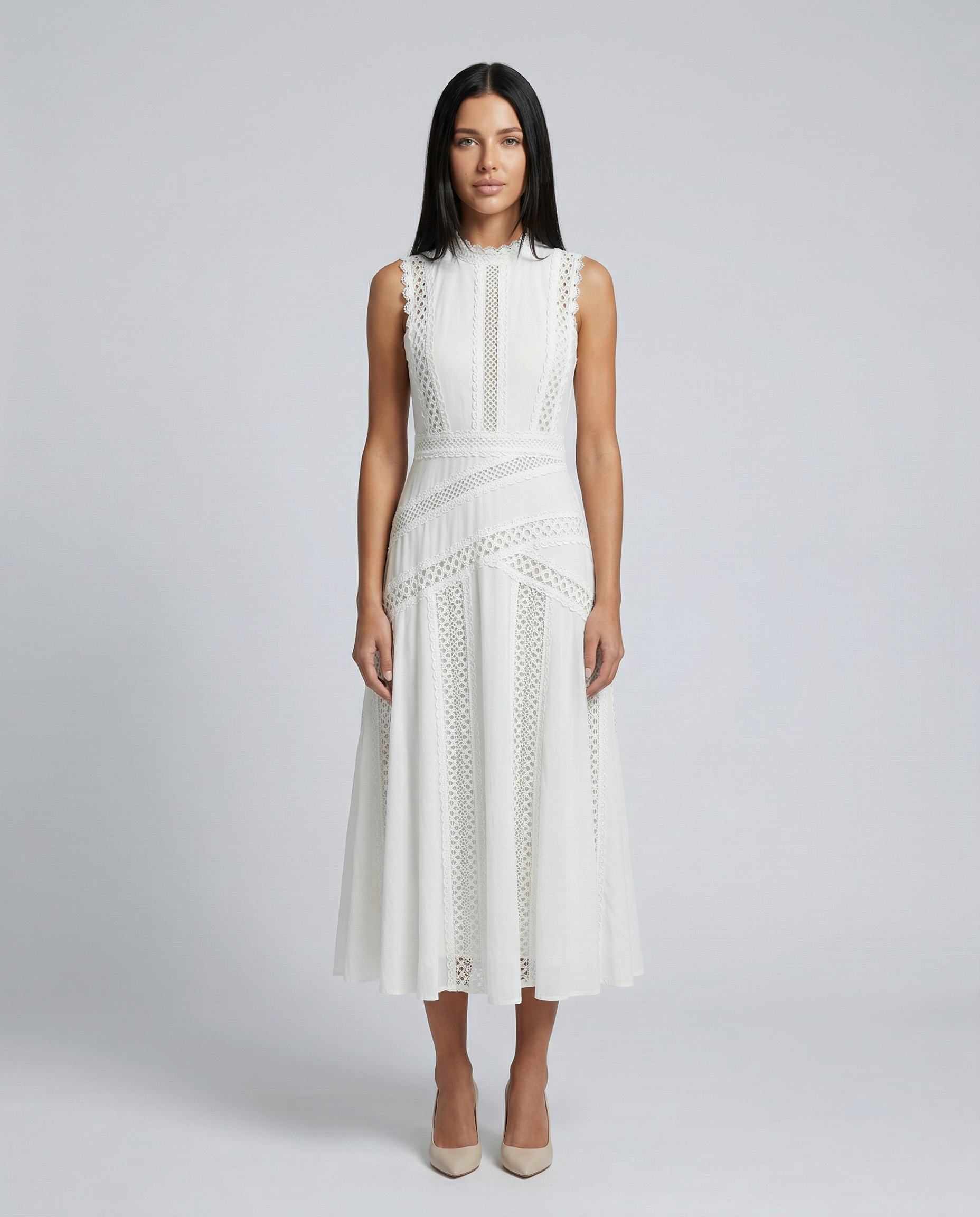 winter garden black pleated lace sleeveless midi dress Farm Rio Winter Garden Black Pleated Lace Sleeveless Midi Dress