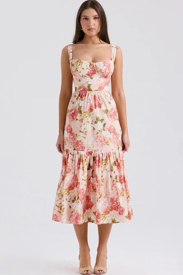 Cassie | Floral Midi Sundress with Tiered Skirt