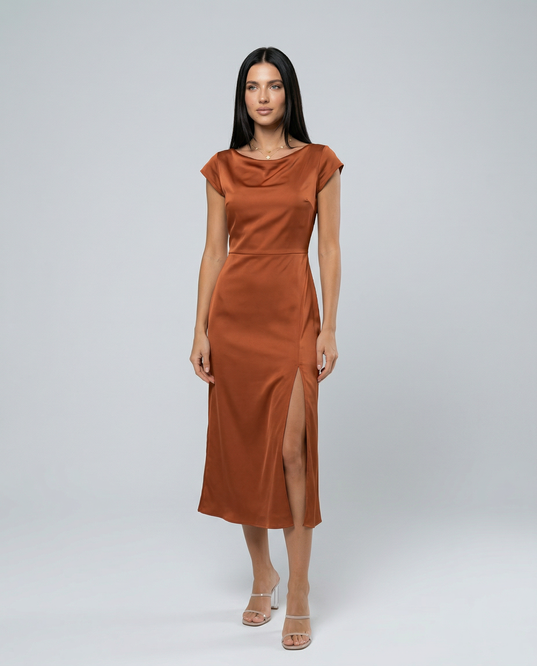 Women's Satin Midi Dress Open Back Twist Side Slit Jaime
