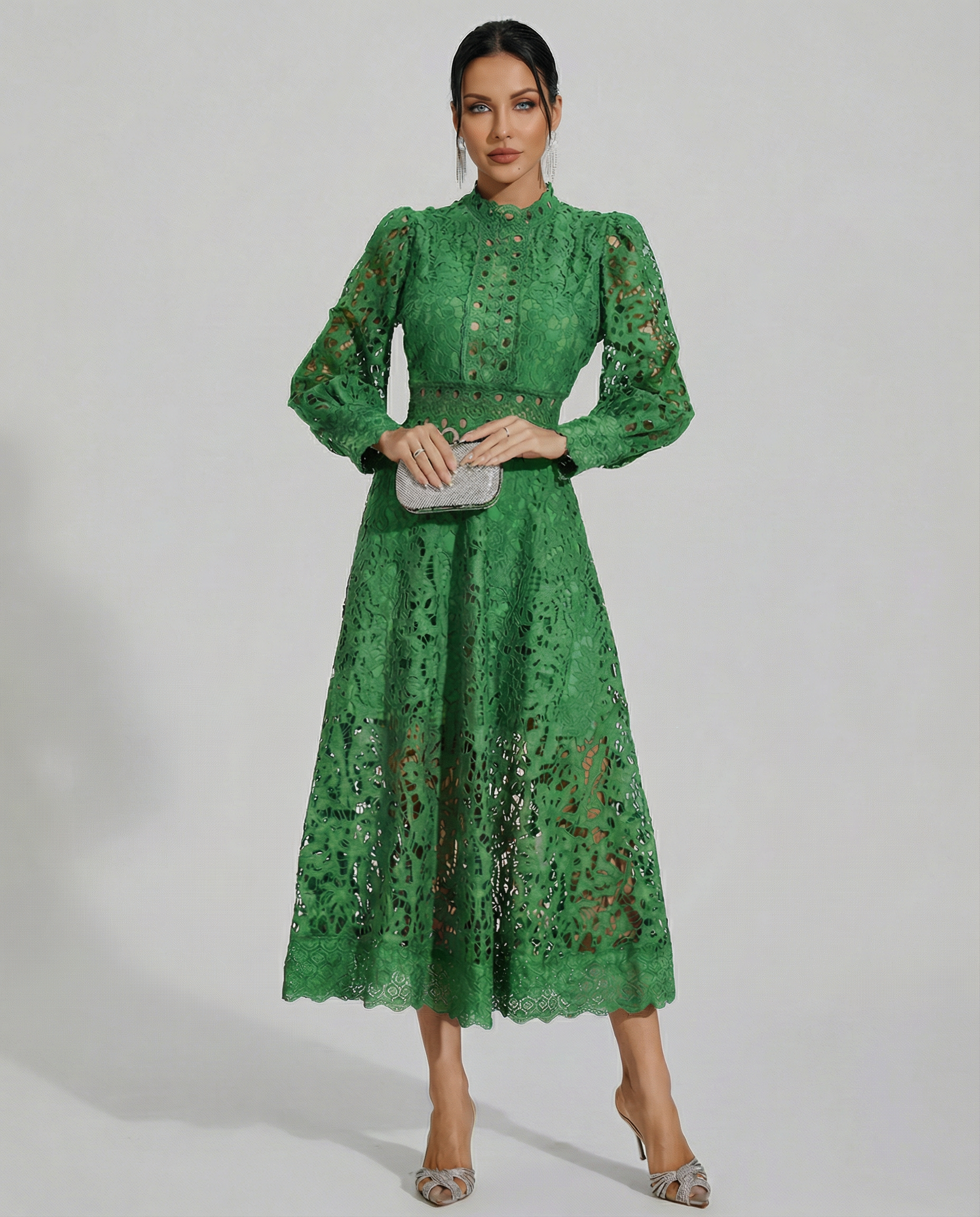 Women's Lace Midi Dress Long Sleeve High Neck Fitted Women's Lace Midi Dress Long Sleeve High Neck Fitted