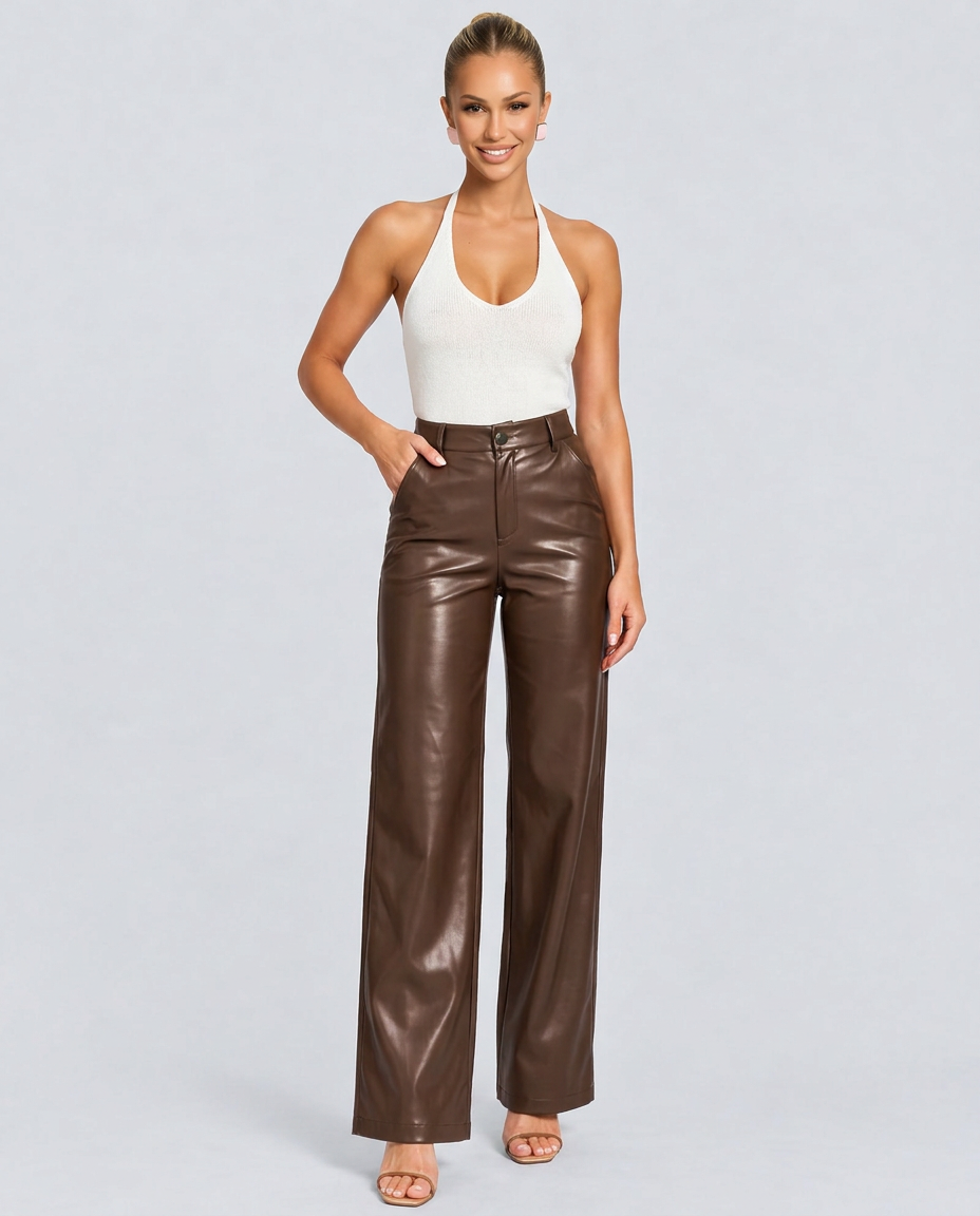 Ava | High Waist Straight Leg Faux Leather Trousers