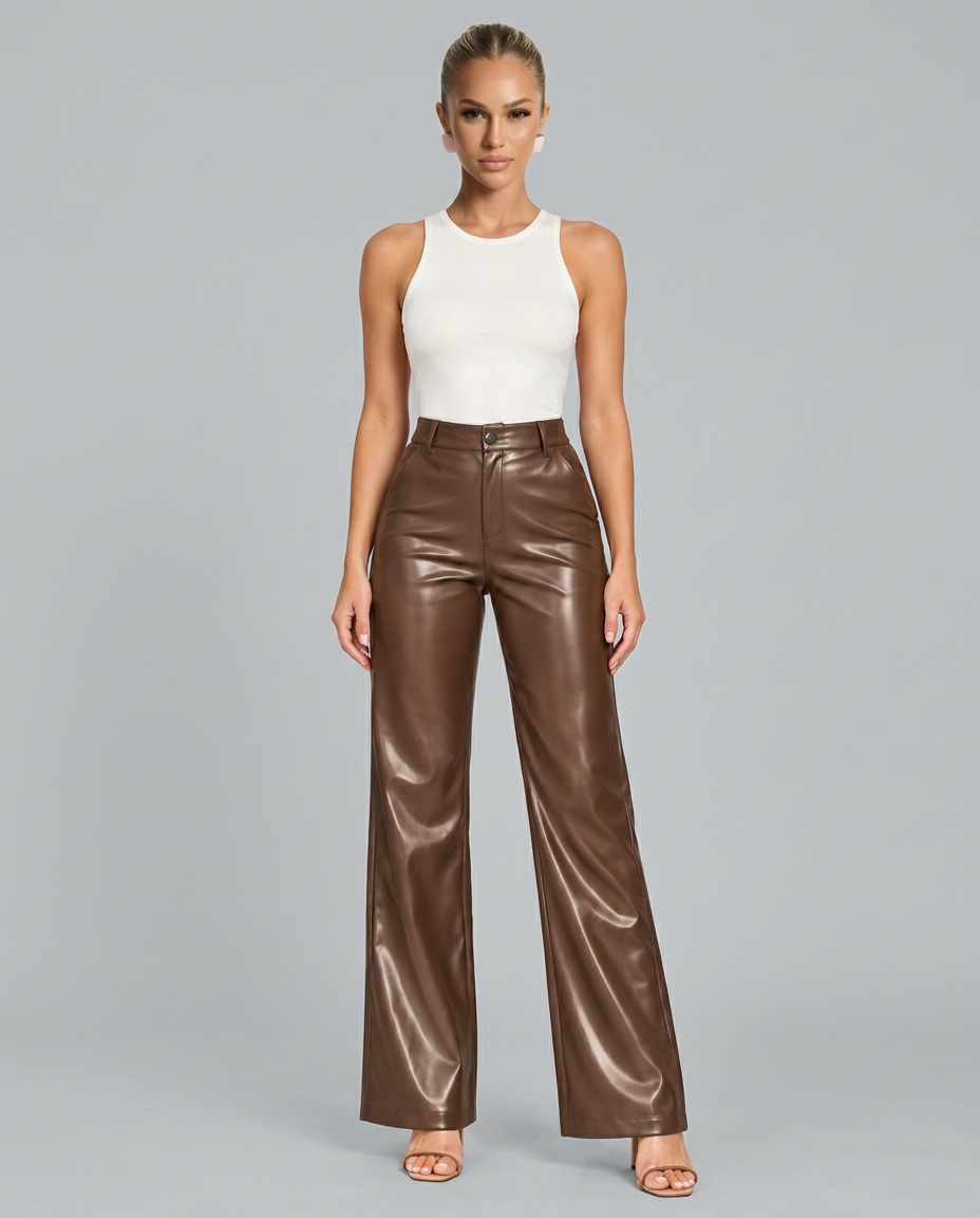 Ava | High Waist Straight Leg Faux Leather Trousers