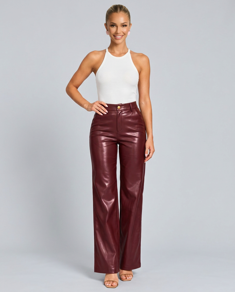 Ava | High Waist Straight Leg Faux Leather Trousers