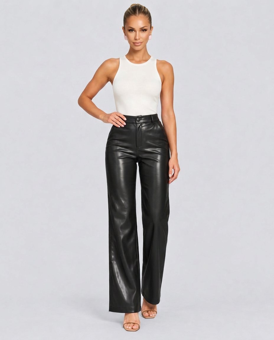 Ava | High Waist Straight Leg Faux Leather Trousers
