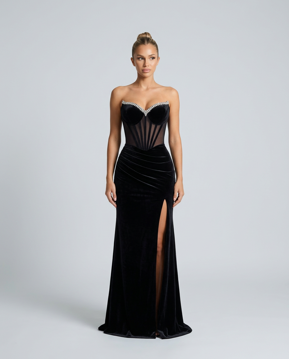 Stacey | Rhinestone Corset Strapless Maxi Dress