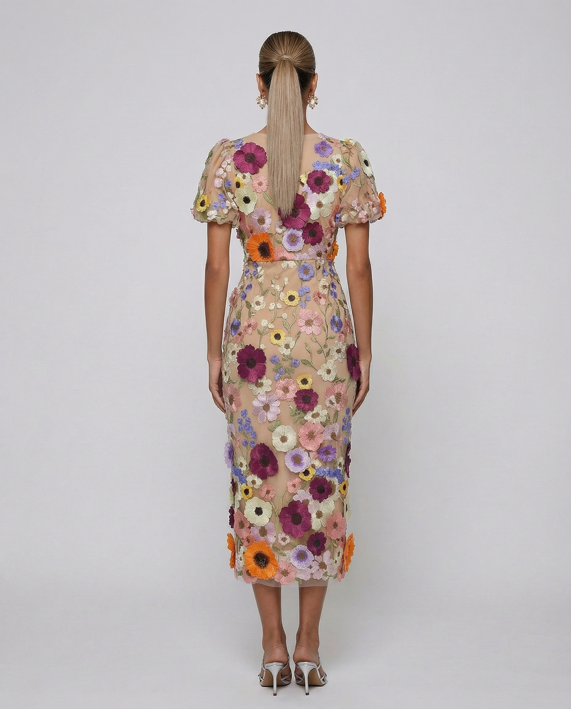 Bernice | V Neck Floral Embroidered Midi Dress