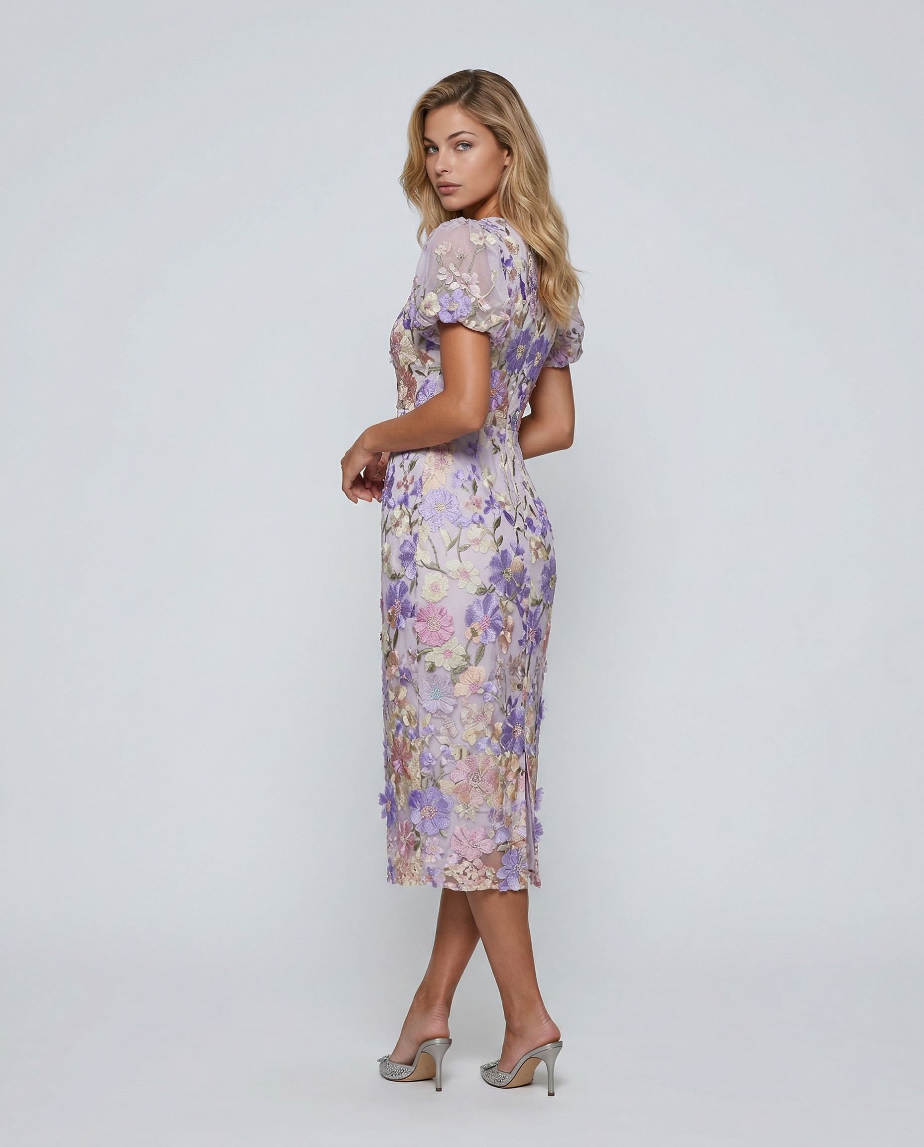 Bernice | V Neck Floral Embroidered Midi Dress