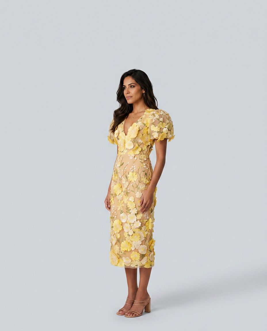 Bernice | V Neck Floral Embroidered Midi Dress