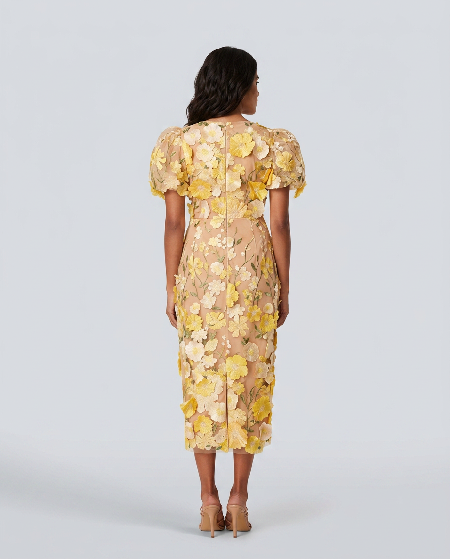 Bernice | V Neck Floral Embroidered Midi Dress