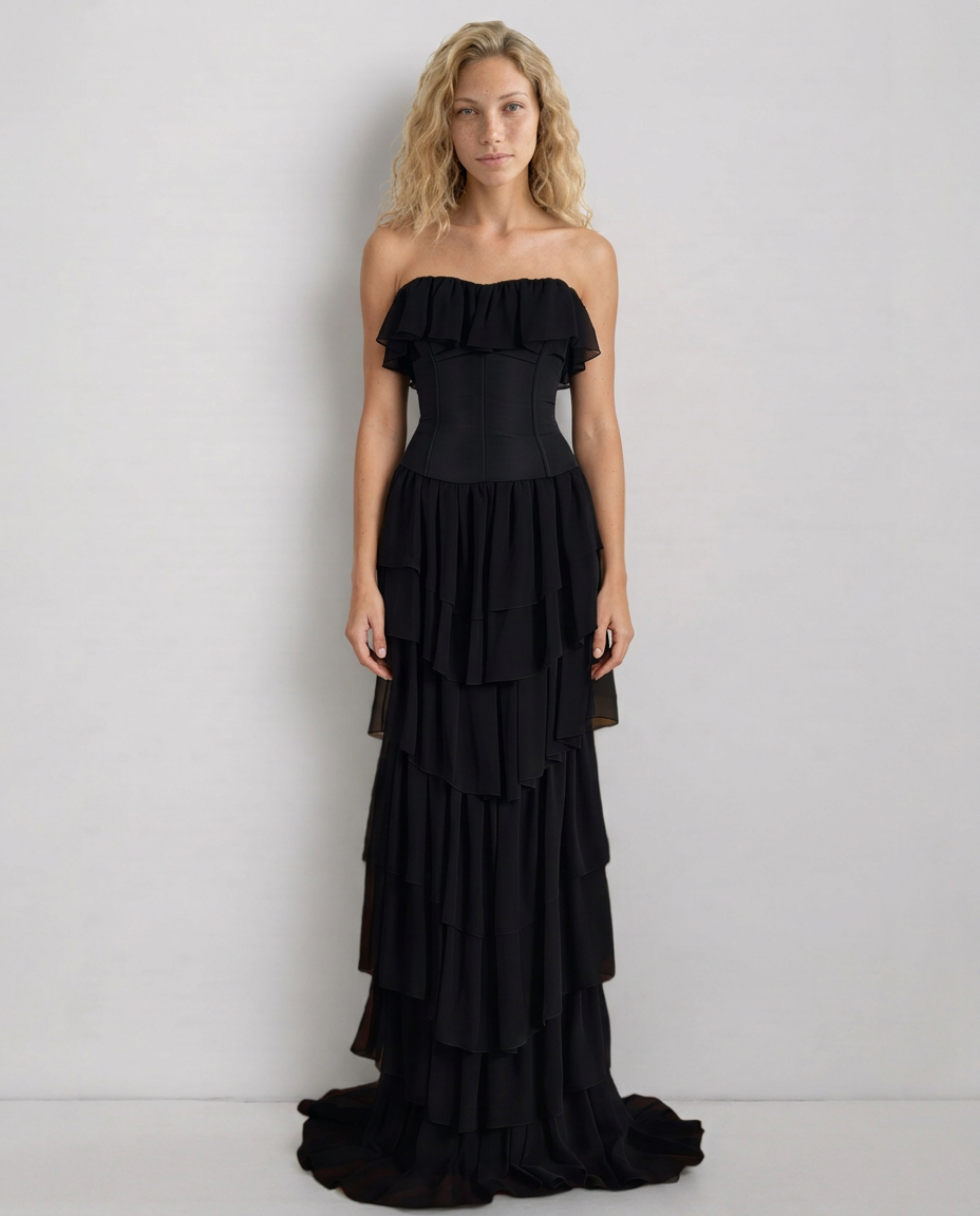 Sarah | Strapless Ruffle Corset Maxi Dress