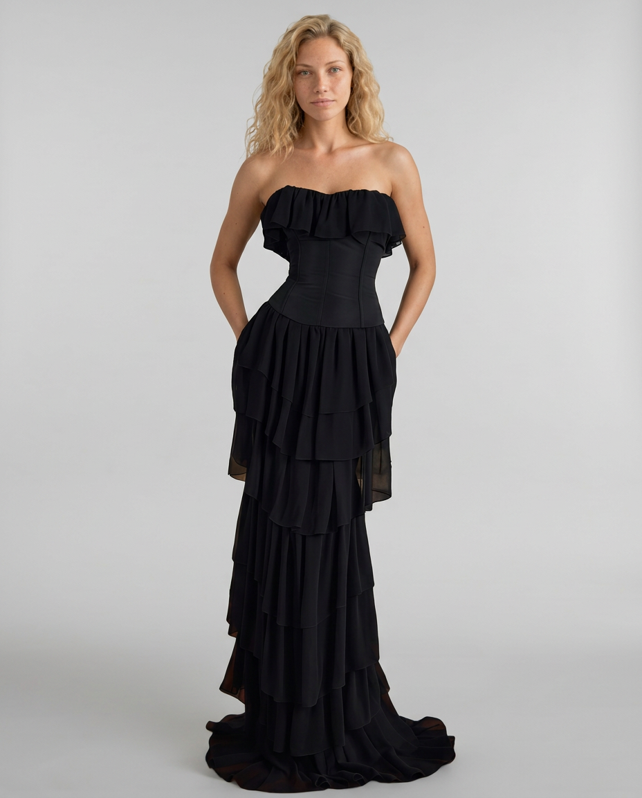 Sarah | Strapless Ruffle Corset Maxi Dress