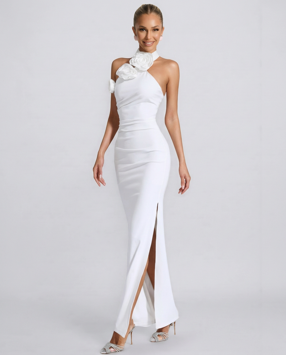 Cassie | Floral Applique Halter Neck Maxi Dress