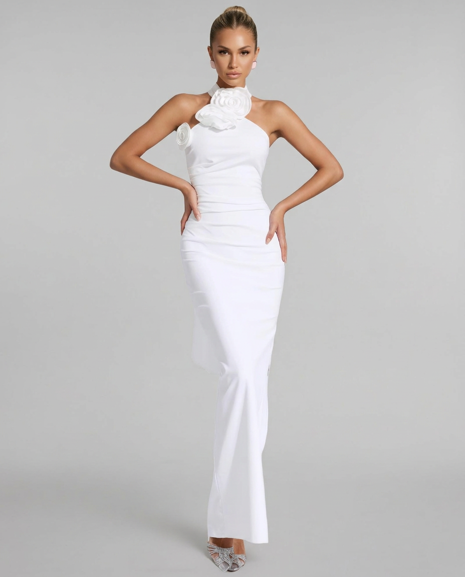 Cassie | Floral Applique Halter Neck Maxi Dress