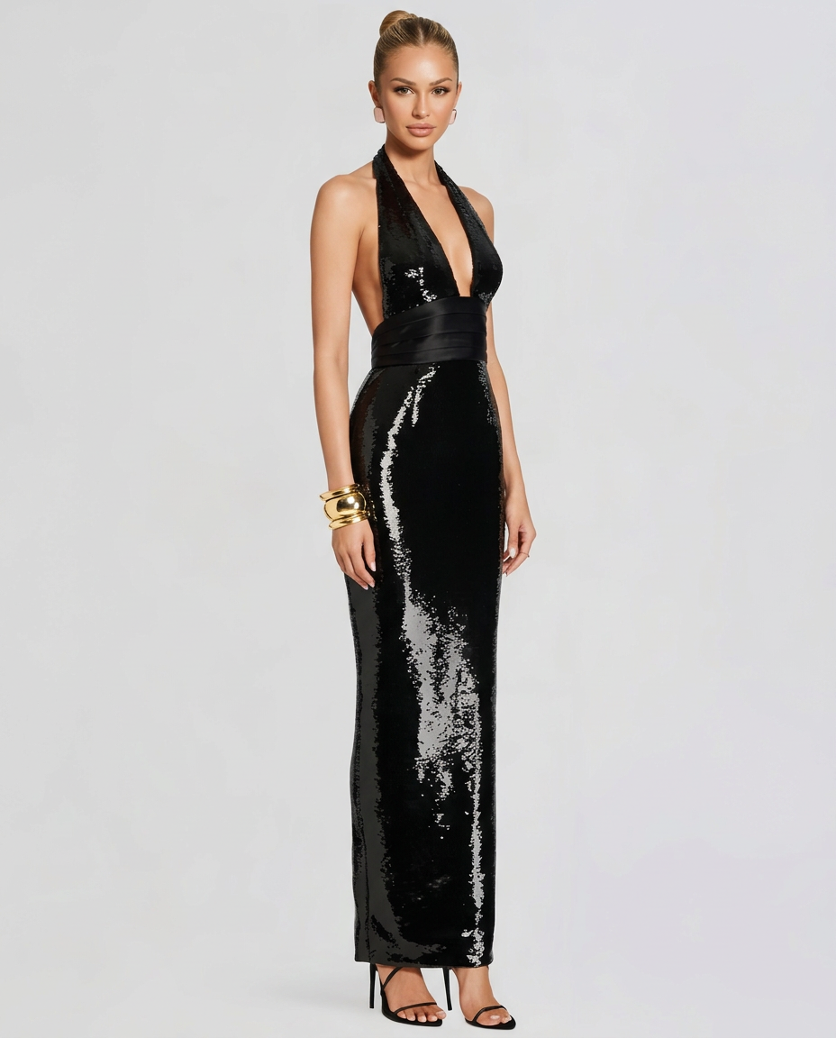 Ann | Sequin Halter Backless Maxi Dress