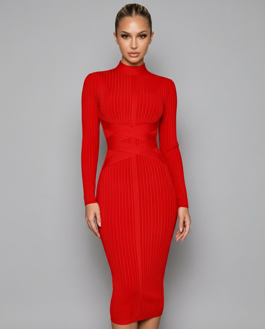Krystal | Ribbed Crossover Waist Bandage Midi Dress
