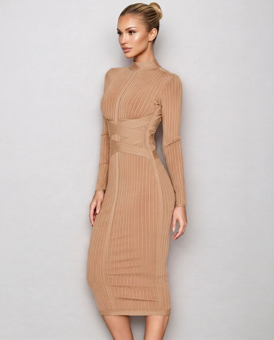 Krystal | Ribbed Crossover Waist Bandage Midi Dress