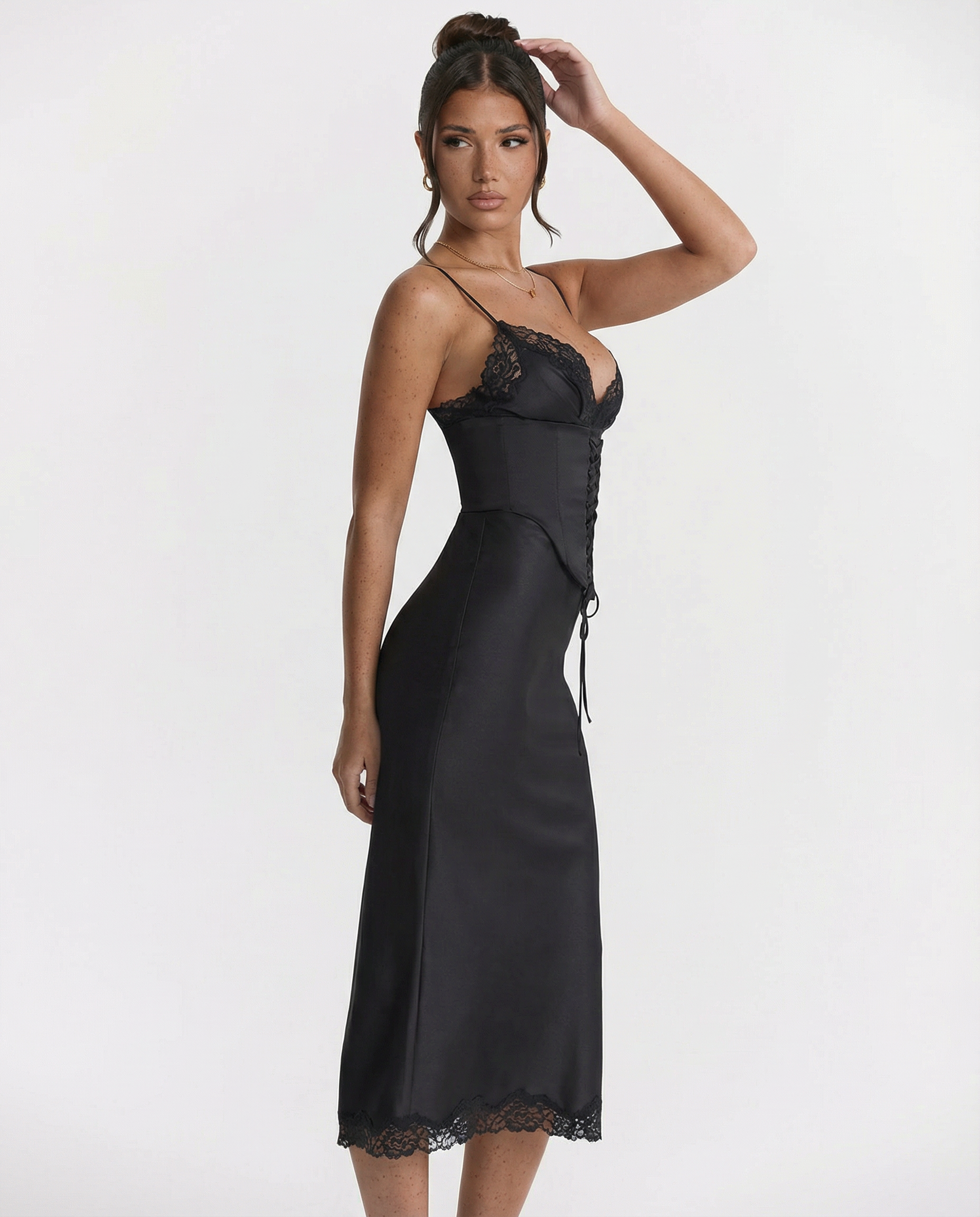 Delia | Satin Slip Midi Dress with Lace Trim