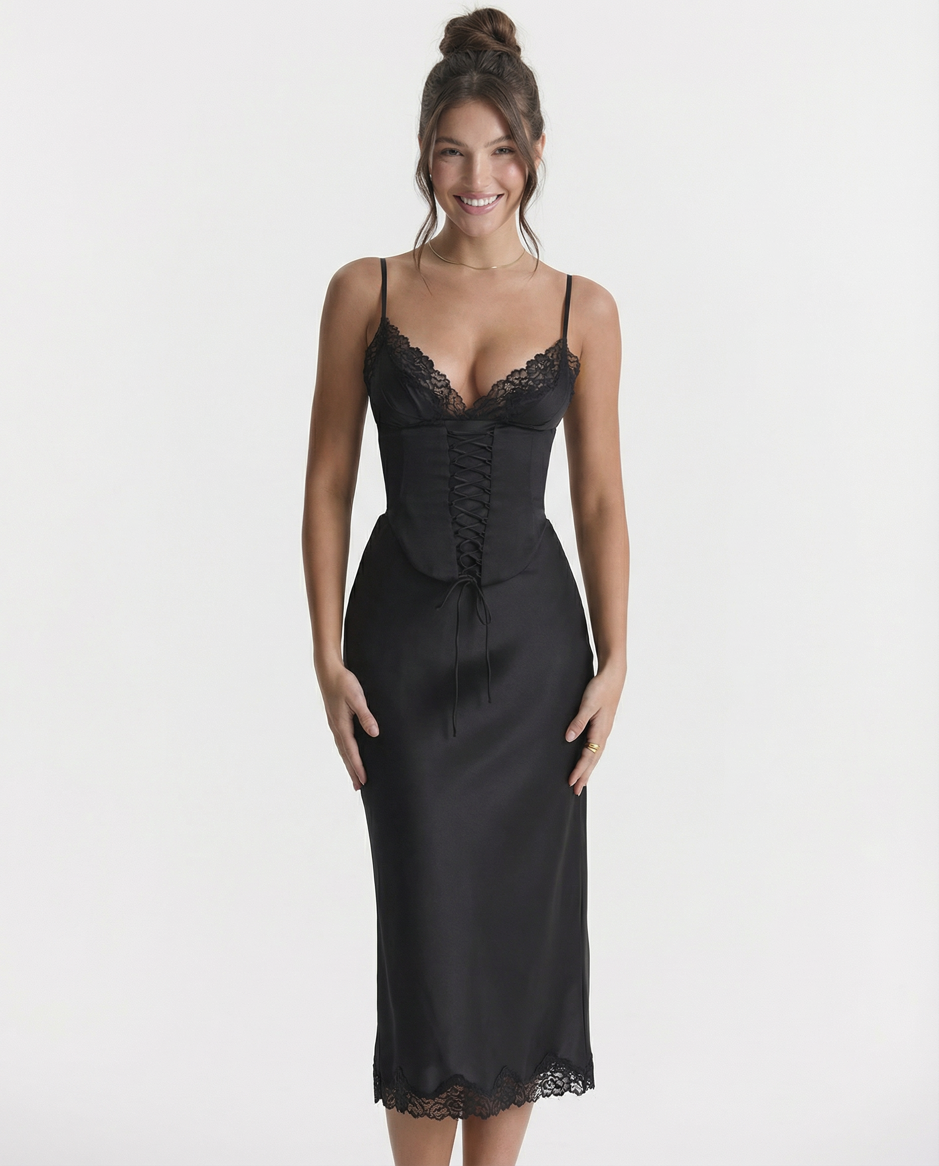 Delia | Satin Slip Midi Dress with Lace Trim