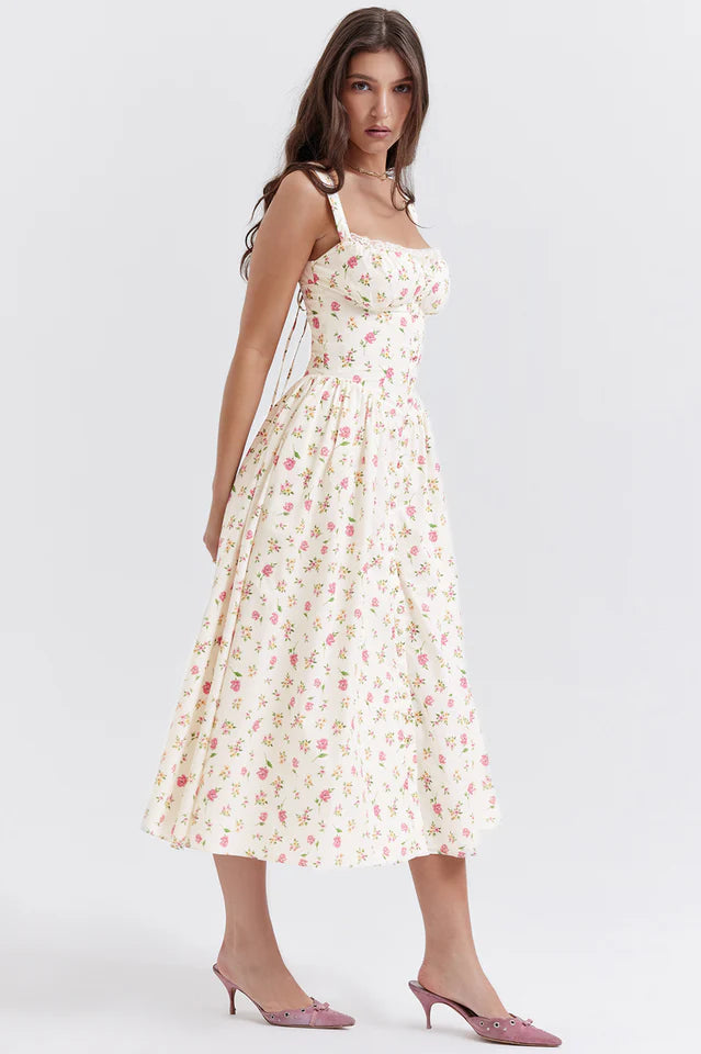Christy | Midi Sundress with Floral Print and Fitted Bodice