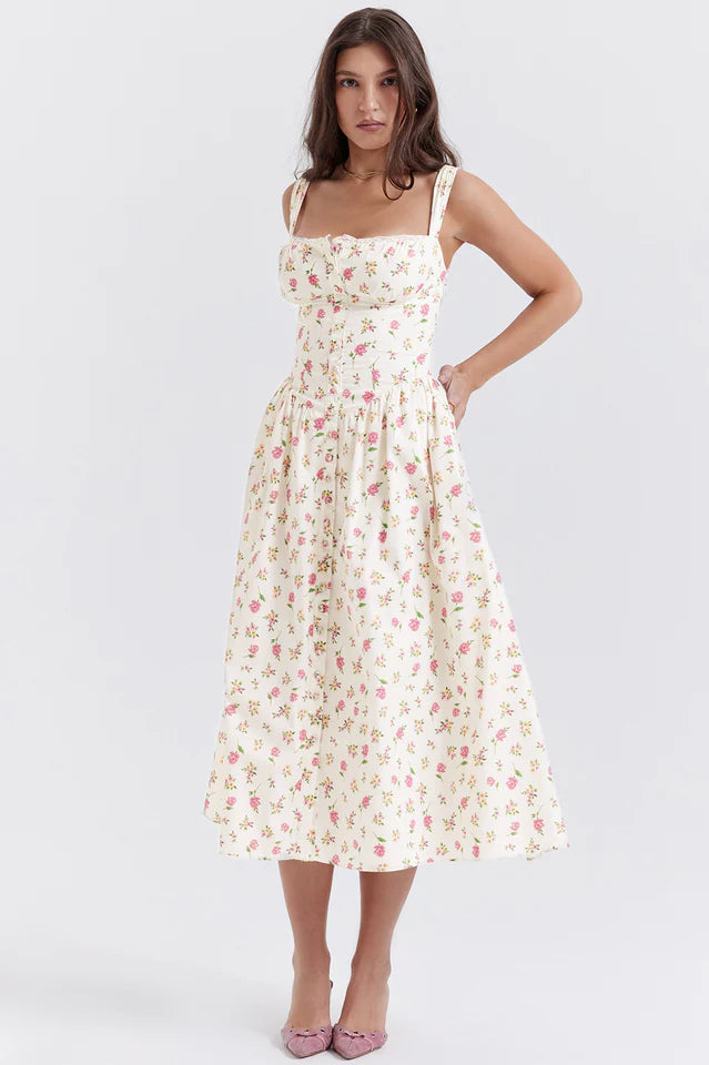 Christy | Midi Sundress with Floral Print and Fitted Bodice