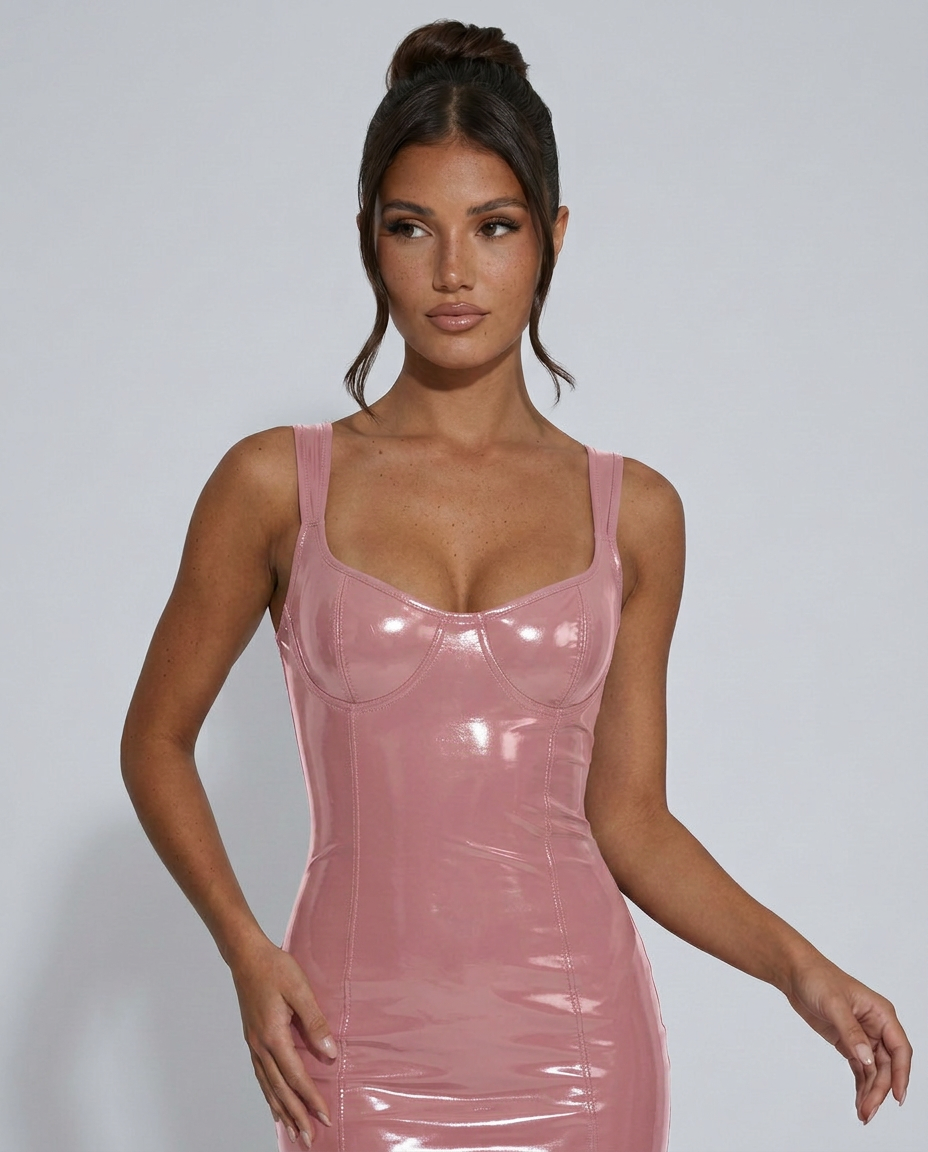 Abbie | Glossy Fitted Mini Dress with Square Neck