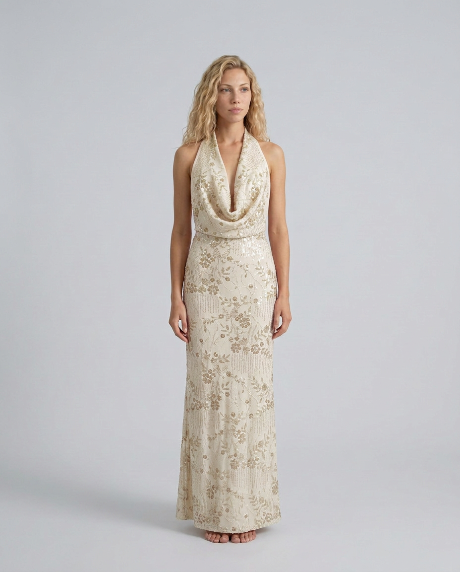 Jean | Floral Sequin Halter Neck Backless Maxi Dress