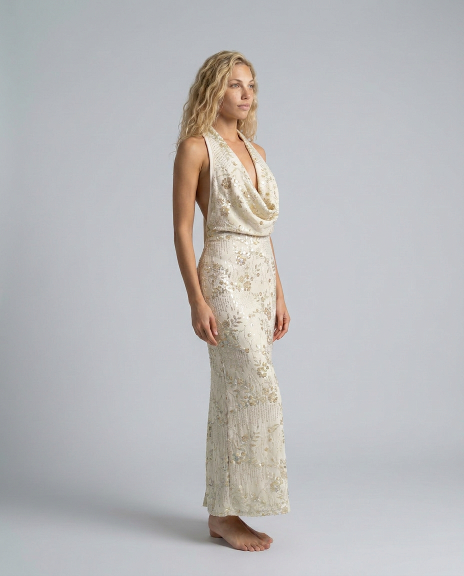 Jean | Floral Sequin Halter Neck Backless Maxi Dress