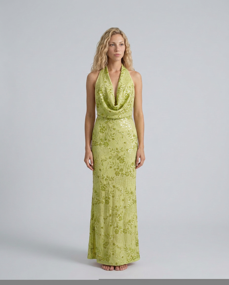 Jean | Floral Sequin Halter Neck Backless Maxi Dress