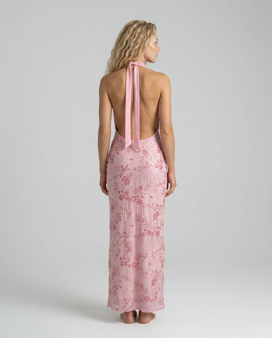 Jean | Floral Sequin Halter Neck Backless Maxi Dress