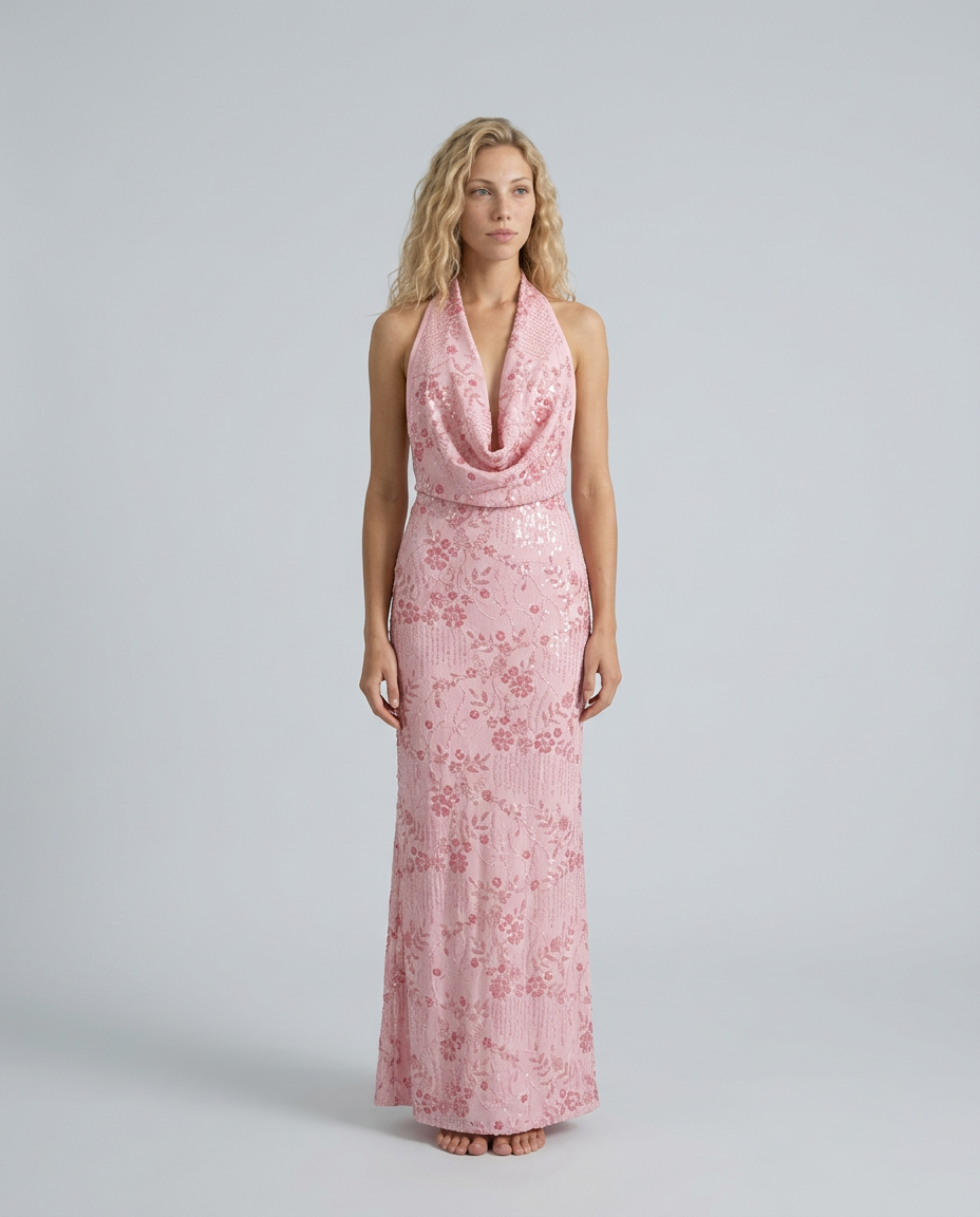 Jean | Floral Sequin Halter Neck Backless Maxi Dress