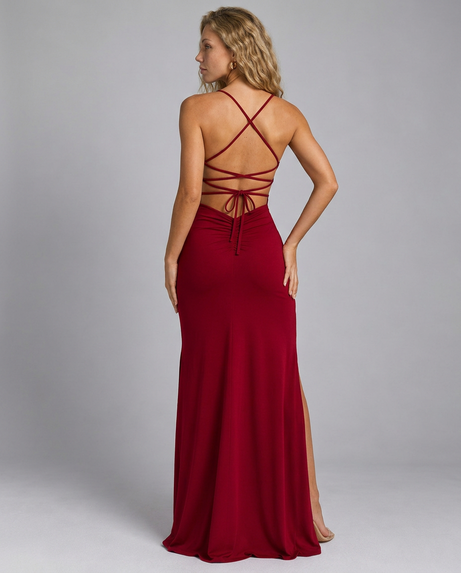 Ronda | High-Slit Ruched Backless Maxi Dress