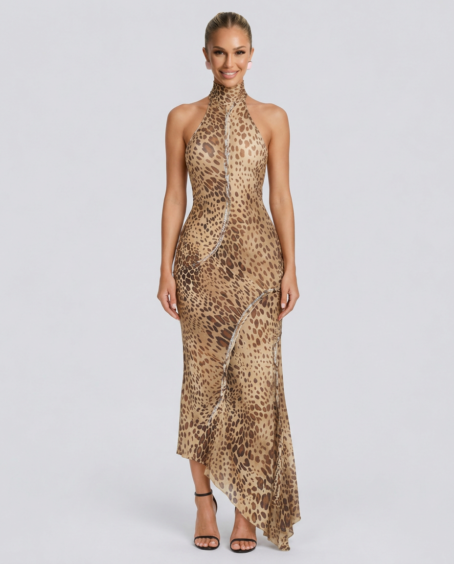 Lara | Halter Leopard Print Maxi Dress with Open Back