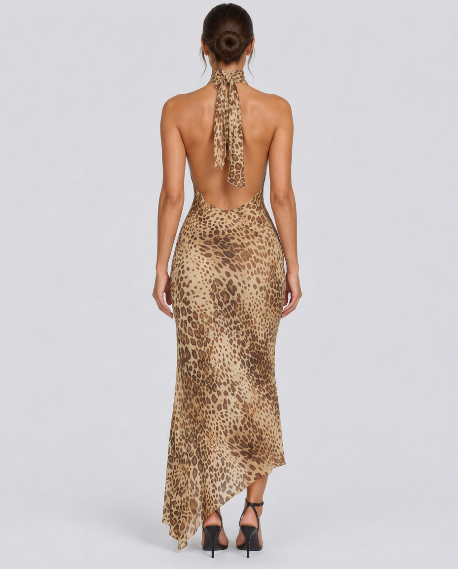 Lara | Halter Leopard Print Maxi Dress with Open Back