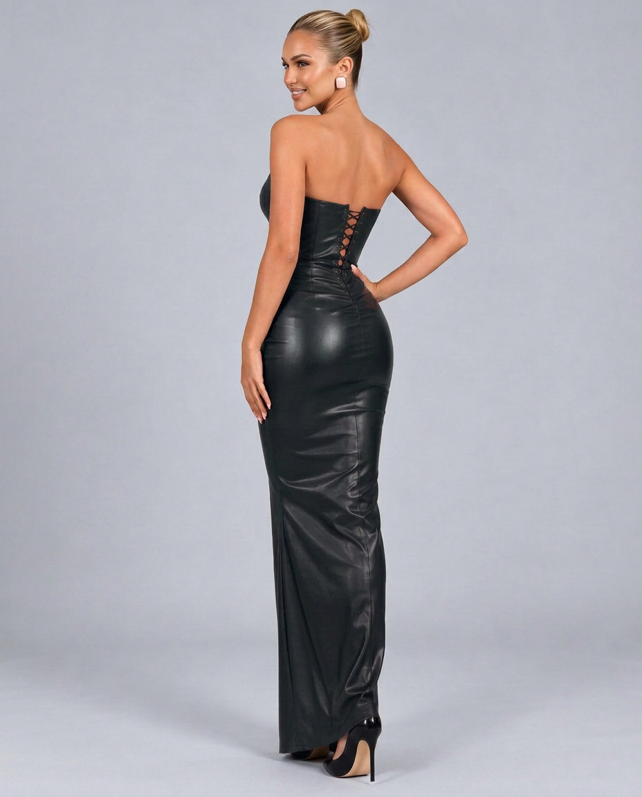Lenora | Leather-Look Corset Maxi Dress with Strapless Neckline