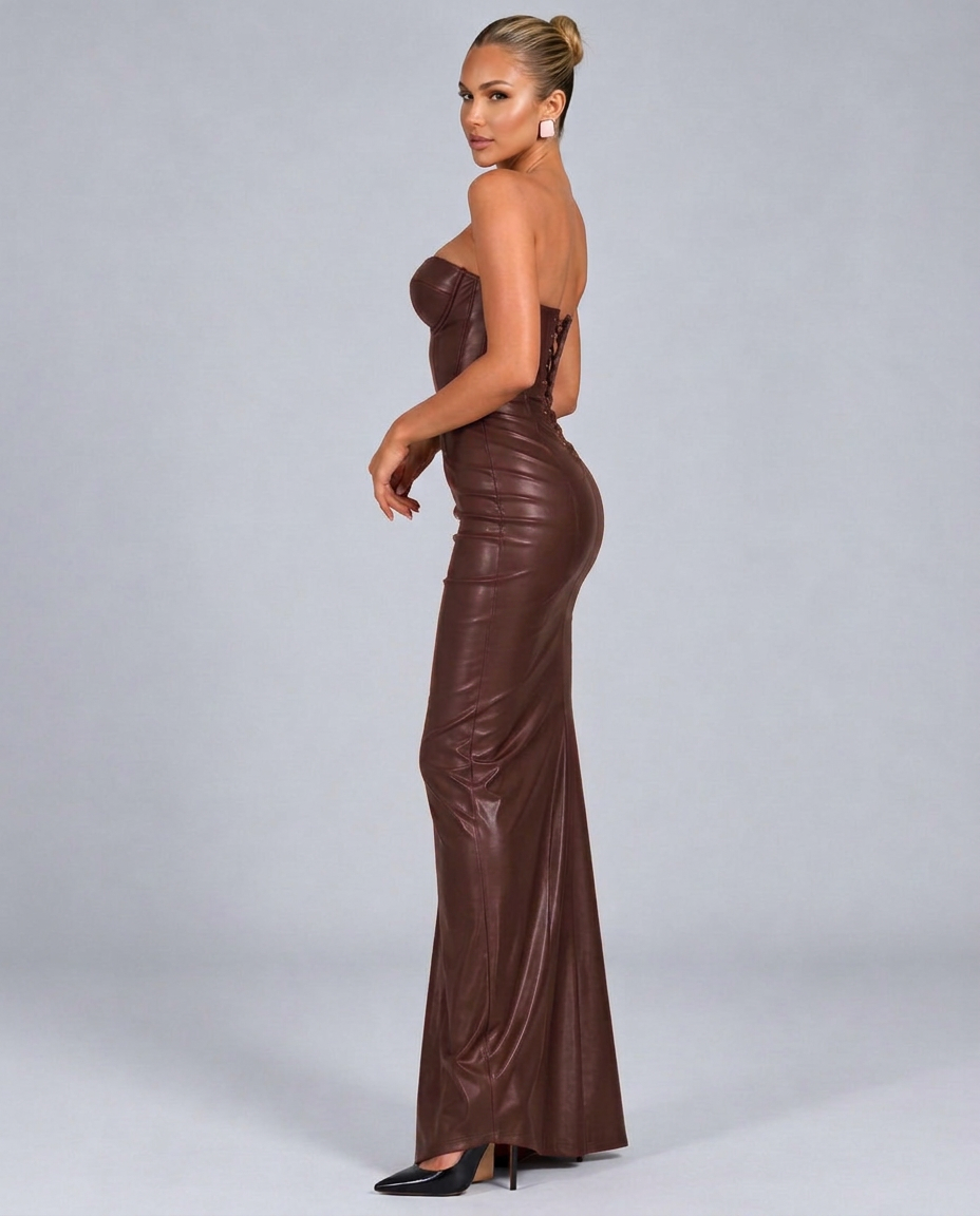 Lenora | Leather-Look Corset Maxi Dress with Strapless Neckline