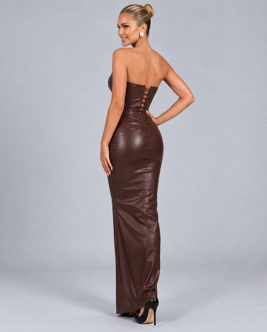 Lenora | Leather-Look Corset Maxi Dress with Strapless Neckline